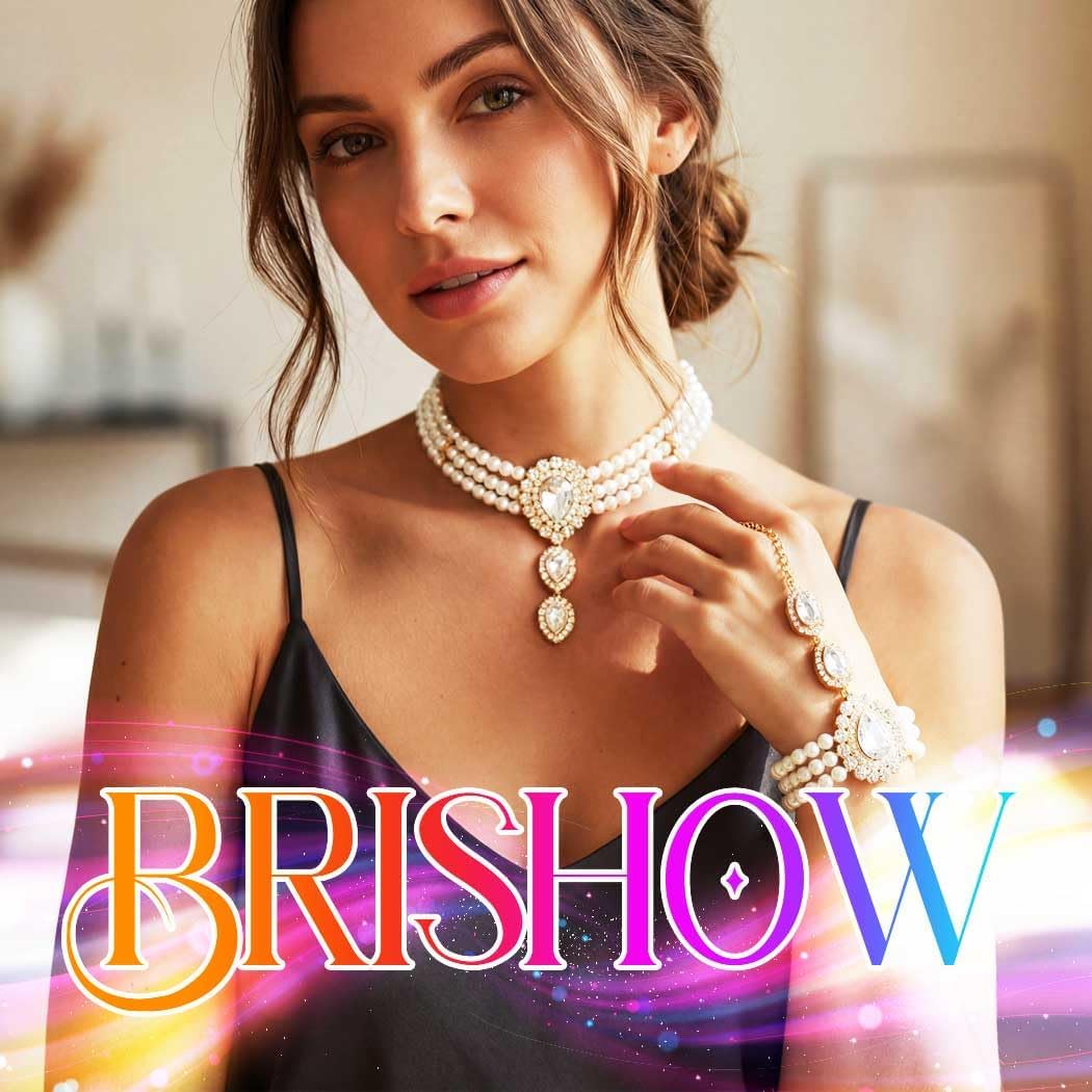 Brishow Pearl Choker Necklaces Set Green Crystal Bridal Jewelry Sets for Wedding Layered Pearl Costume Jewelry Bracelets Set for Women - Image 6