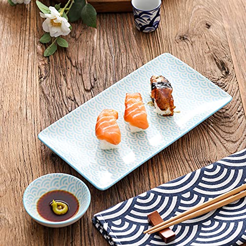 Vancasso Natsuki Porcelain Sushi Plate Set For 2, 6 Pieces Japanese Style Ceramic Blue Green Sushi Serving Set, Including Sushi Platters | Dip Bowls | Bamboo Chopsticks #TOP3
