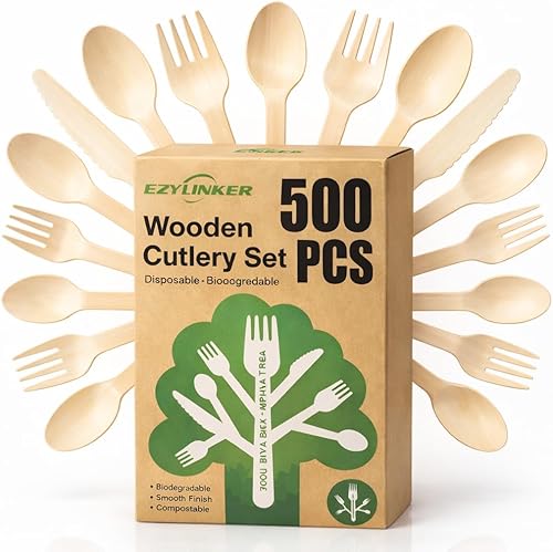 500 Pieces Disposable Cutlery, Wooden Utensils Set [200 Spoons, 200 Forks, 100 Knives] - Disposable Wooden Cutlery, Eco-Friendly Forks and Spoons,