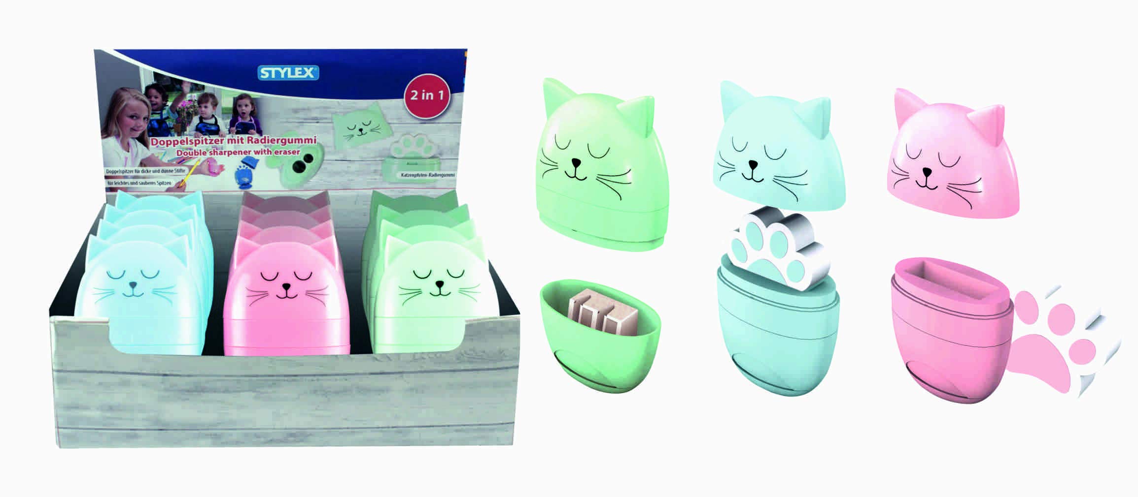 Stylex Dosenspitzer Katze - Dosenspitzer mit Radiergummi und Doppelspitzer