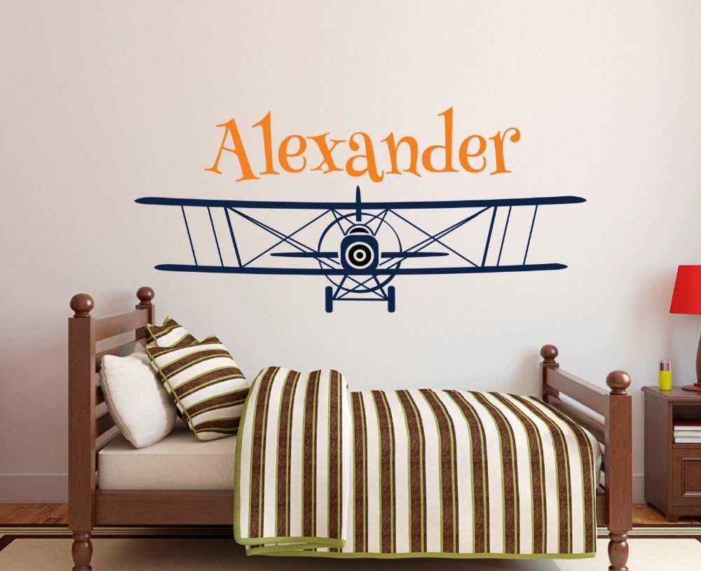 Personalized Airplane Name Wall Decal Custom School Boy's Name Wall Stickers for Kids Room Nursery Wall Art Mural(Size: 43cmX94cm, Color: H606 +H615)