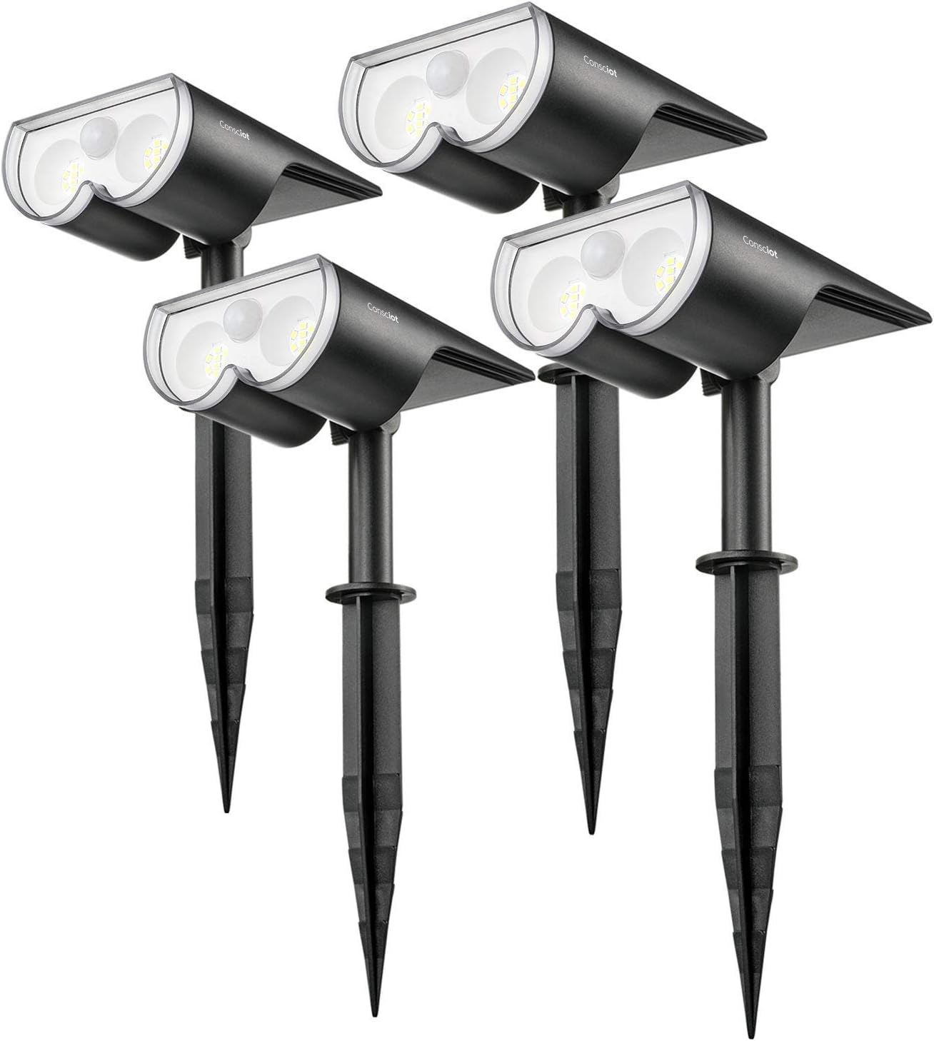 Consciot 650 Lumen LED Solar Motion Sensor Landscape Spotlights, IP67 Waterproof Solar Security Light, Wireless Wall Light for Garden Yard Garage Walkway, FCC CE Certified, 4 Pack(Cool White) - - 
