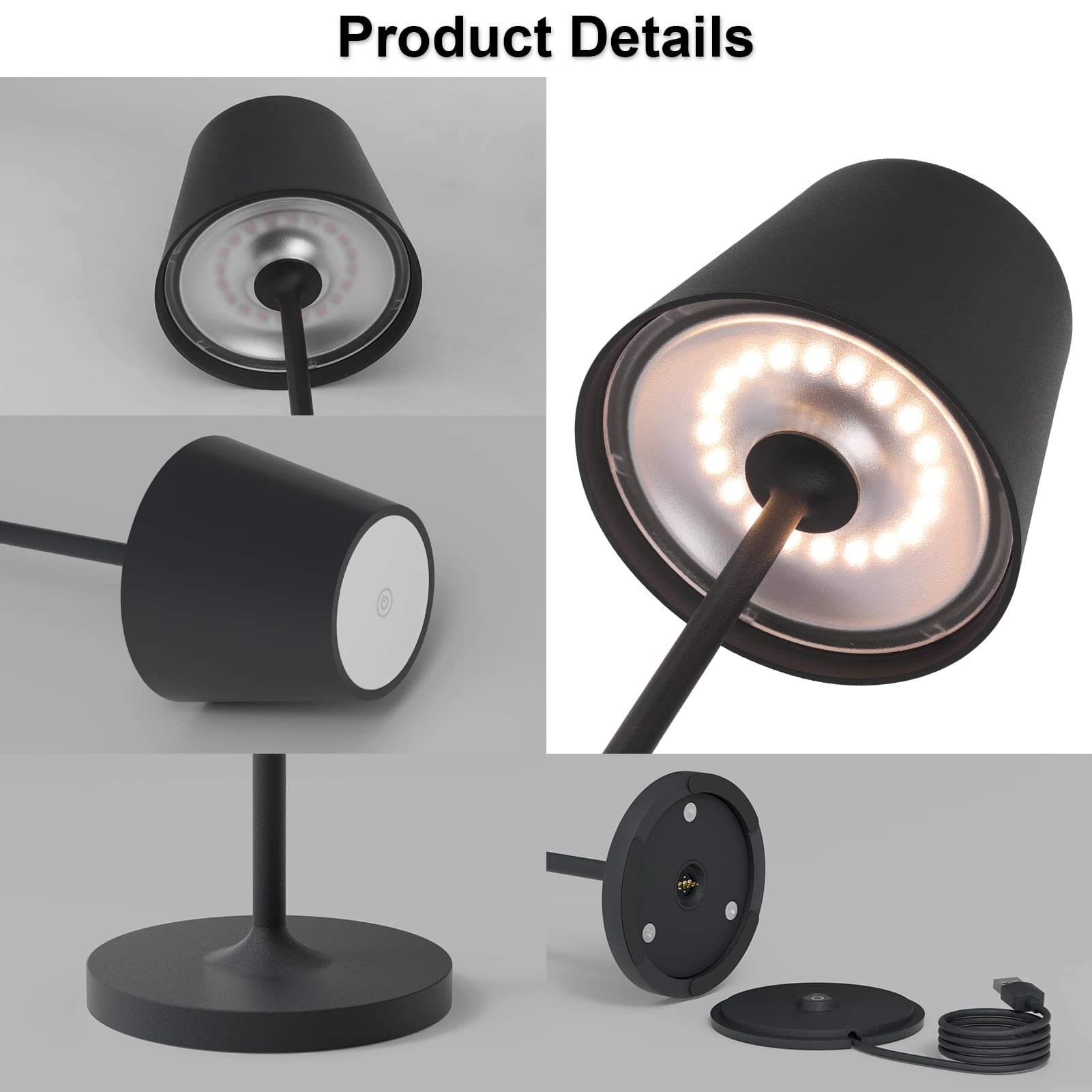 K-Bright lampada da tavolo ricaricabile in alluminio | 240LM | 3000K luce bianca calda da scrivania senza fili | interni/esterni con base di ricarica a contatto (Antracite)
