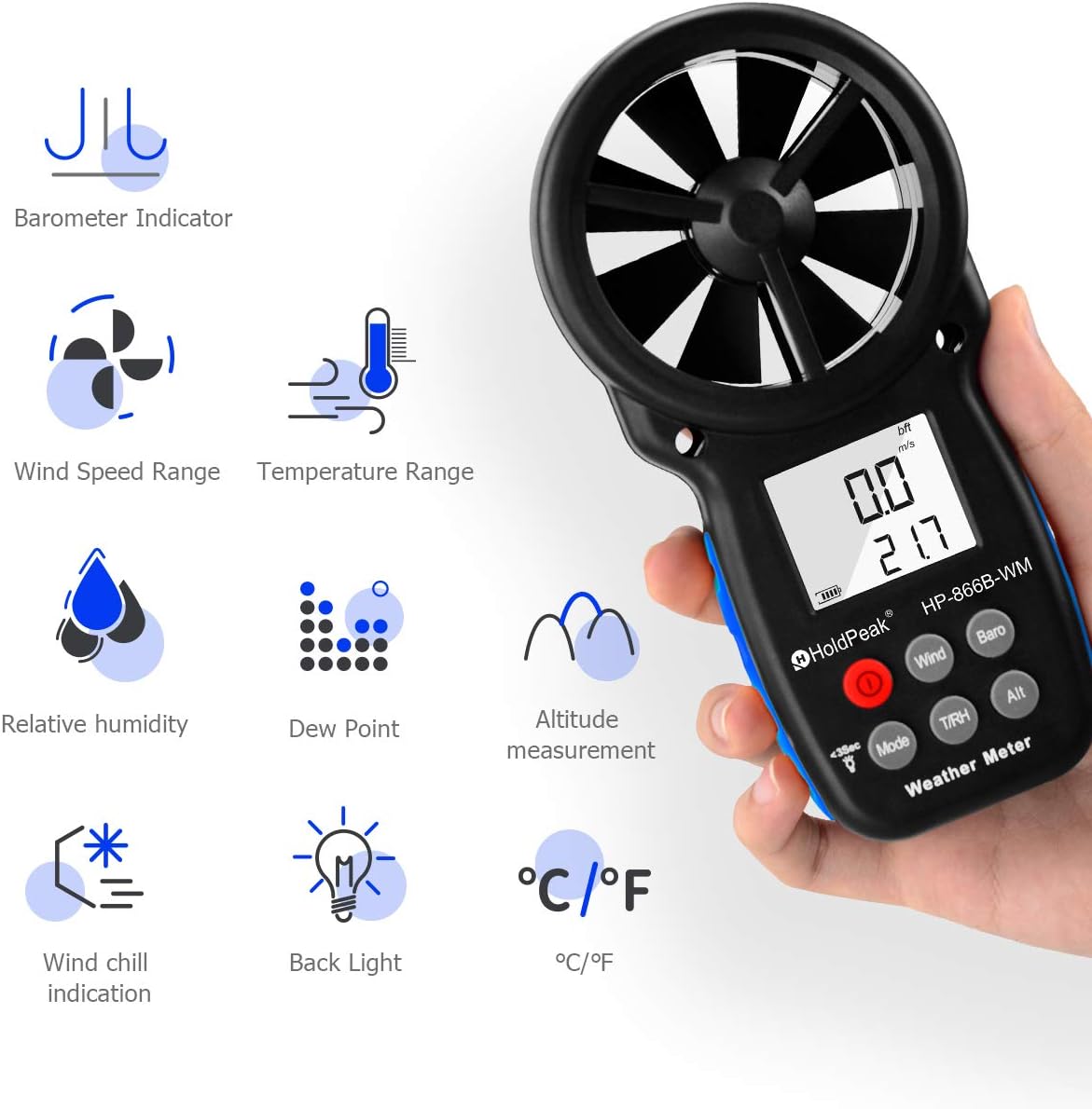 HOLDPEAK Digital Anemometer Handheld 866B-WM Wind Speed Meter, Altitude and Barometric Pressure Measurement, Test for Temperature, Dew Point, Humidity, Wind Chill with Backlight, for Drone HVAC
