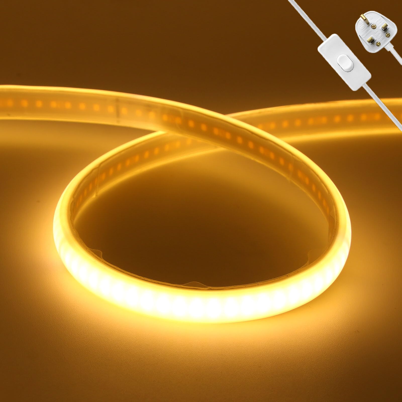KAFULA 220V COB Light with LED neon Light with on/Off, IP65 Waterproof Flexible, 8M Super Bright FCOB LED Fairy Light CRI90+, can be Cut Every 10mm | 240 LEDs/m || 3000K Warm White | Home Decor