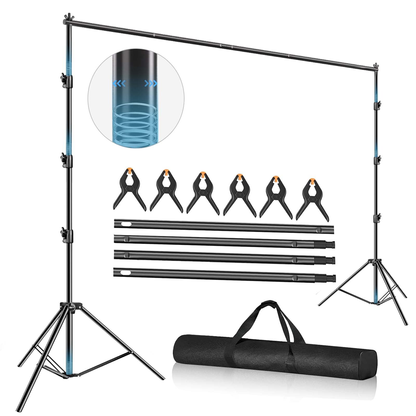 Photo Backdrop Stand, 10 x 10ft Heavy Duty Backdrop Stand, Adjustable Background Stand Support Kit with Shock-Proof Spring, Carrying Bag, Clamps for Photography, Parties, Wedding, Decoration