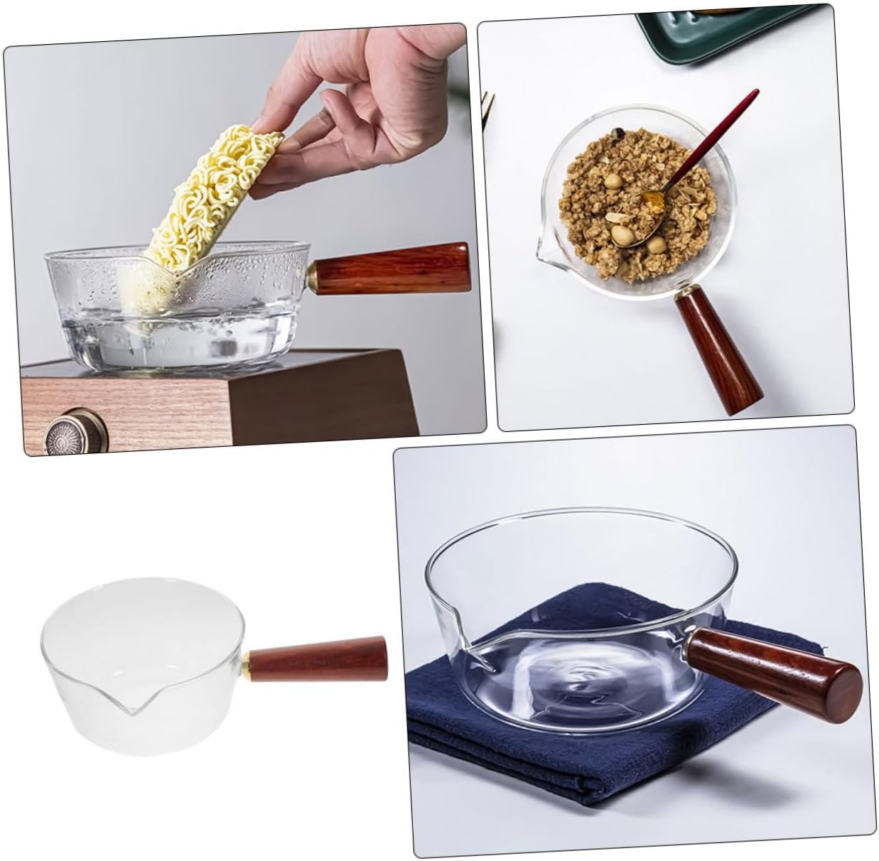 Glass Noodle Bowl 600ml with Wood Handle Salad Serving Bowl