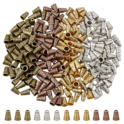 DICOSMETIC 240Pcs 4 Colors Long Bead Cap Alloy Bead Cone 10x7mm Tassel End Cap Antique Golden Spacer Beads Caps Tibetan Style Metal Jewelry Cone for DIY Earring Necklace Jewelry Making Crafts