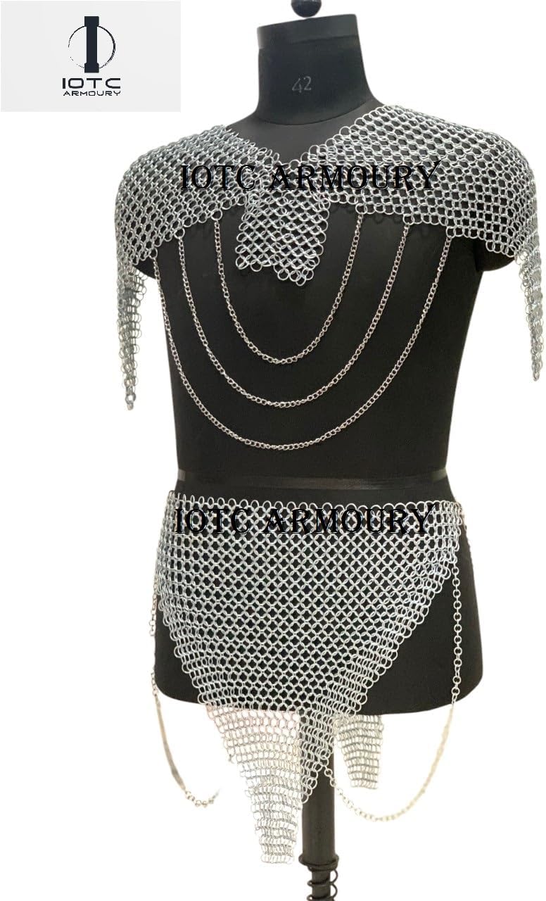 Medieval Armor Chainmail Tasset & Chainmail Shoulder Top-Brave Lady Armor Costume-Female Fantasy Iron Chainmail Skirt & Top Corset Perefect Halloween & Fantasy Party Costume,LARP, Cosplay Event's