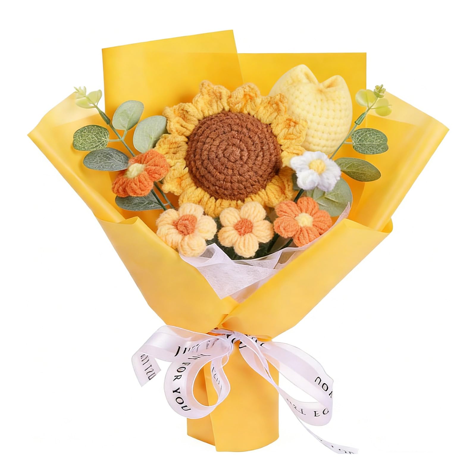 Funvalley Surperfect Crochet Flowers Bouquet Knitted Artificial Tulip Sunflower Flower Bouquet for Mother's Day Anniversary Graduation Wedding Birthday Home Decoration (yellow)