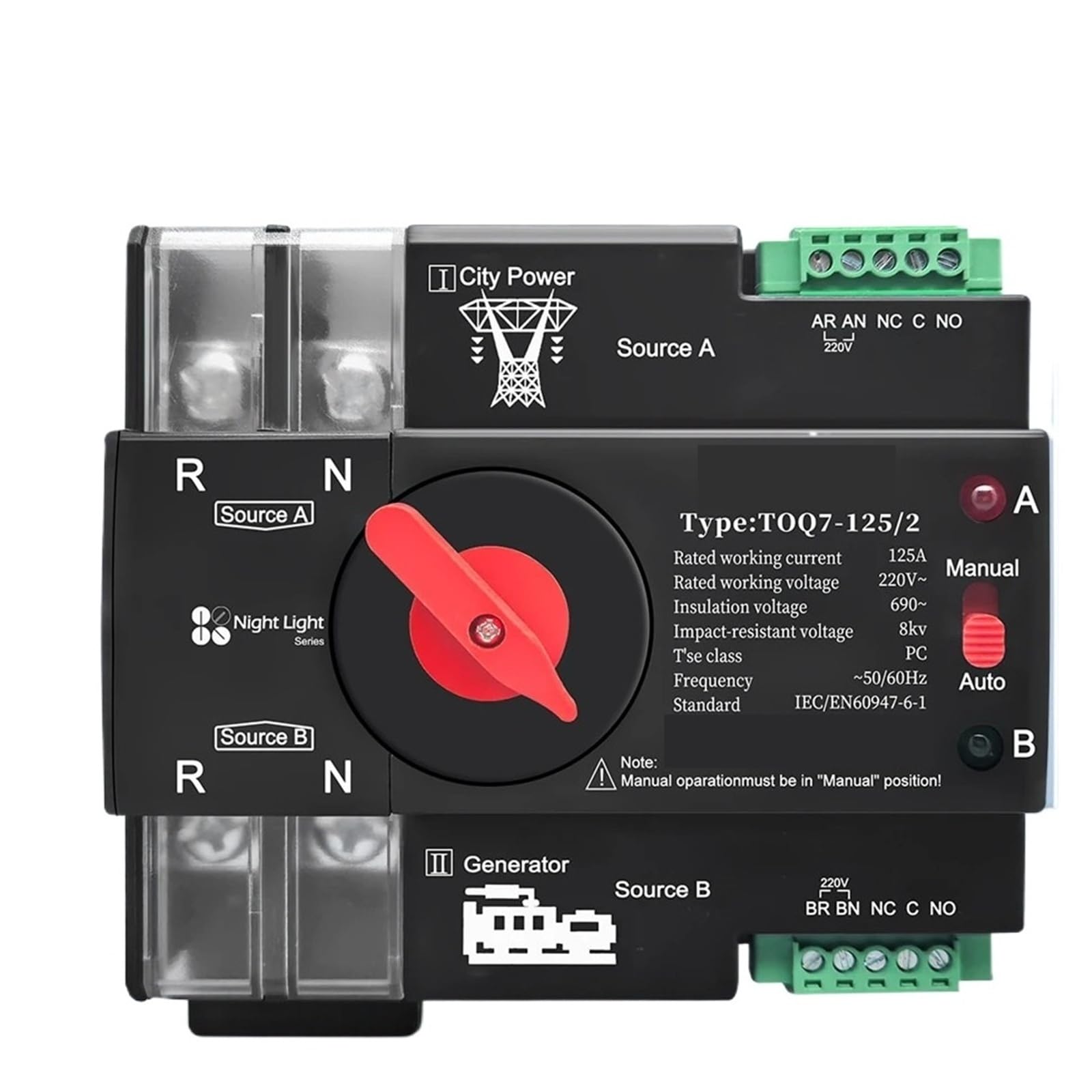 Interruptor de transferencia automática doble potencia, trifásico, 2P3P4P, 63A, 100A, 125A, 230V, ATS ininterrumpido, 1 unidad(3P L N 220V-230V,125A)