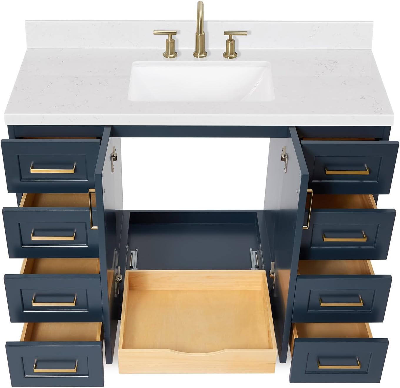DKB Emilia 48-Inch Bathroom Vanity with Sink — Midnight Blue Single Sink Bathroom Vanity, 1.5" Edge Carrara Quartz Countertop, Solid Wood, 2 Soft Closing Doors, 9 Dovetail Drawers