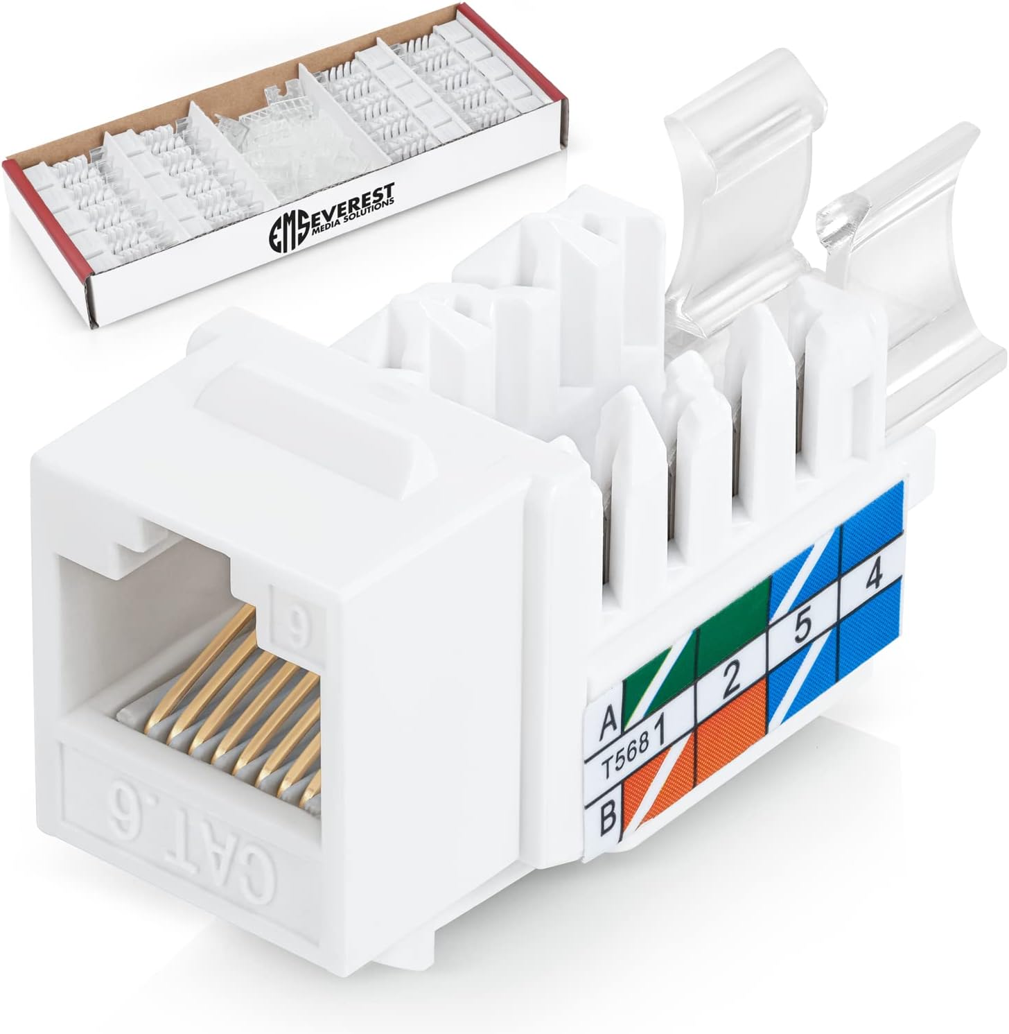 Everest Media Solutions45-Degree Angled CAT6 Keystone Jack in White Color - Slim Profile, UTP Female Ethernet Connector - Compatible with Speed Termination Tool - 45Term - 20-Pack