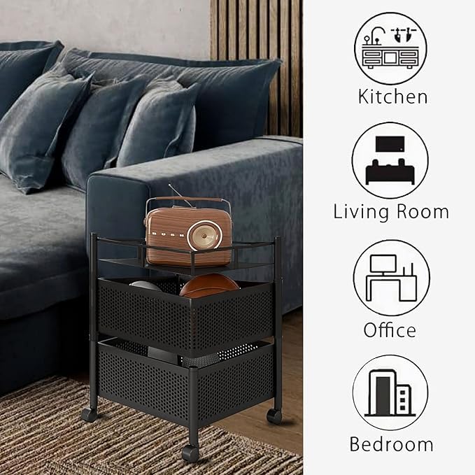 Image of KITCHIVO Kitchen Storage Rack | Revolving Vegetable Rack | Square Multipurpose Storage Trolley with Wheels | Metal Fruit Rack (Black, 2 Layer)