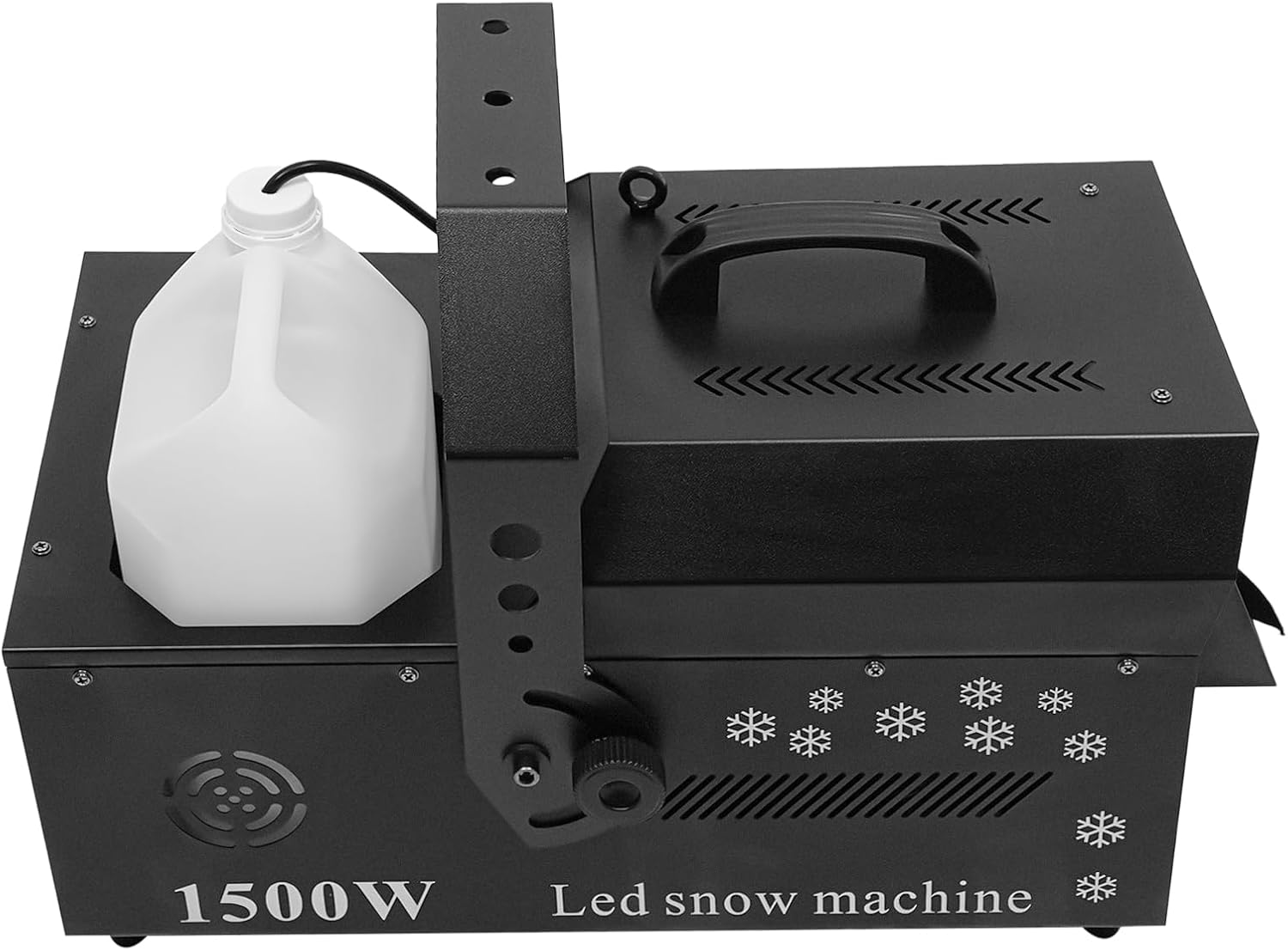 Side view of the Gdrasuya10 1500W LED Snow Machine, showing the fluid tank and adjustable mounting bracket.