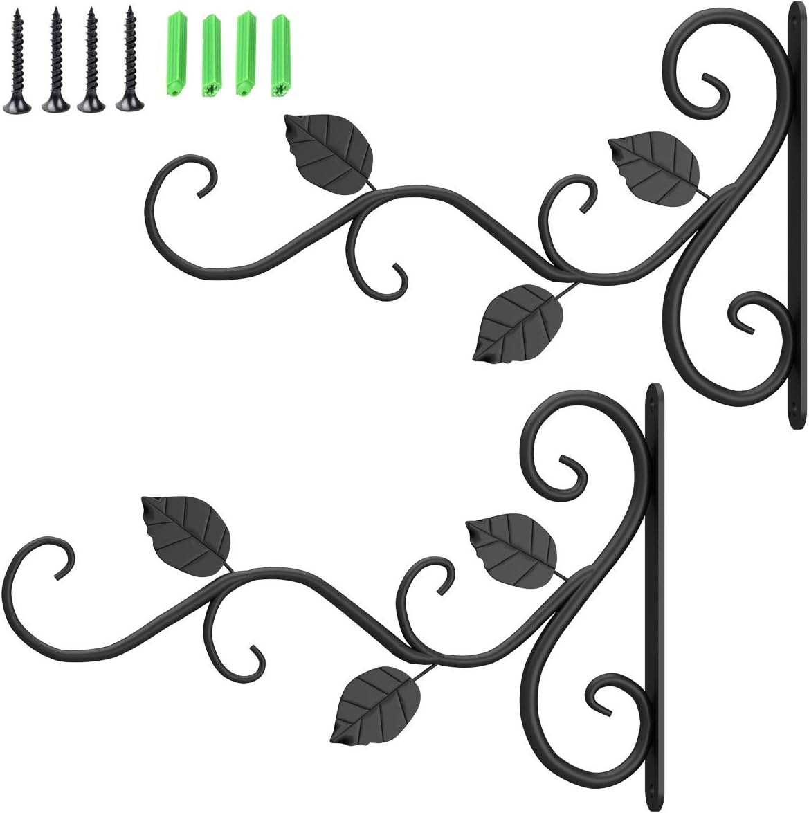 DSDecor 2Pcs Hanging Plant Bracket 12in Metal Wrought Iron Planter Hooks Wall Mounted Decorative Hanger Hook for Hanging Indoor Outdoor Planter Flower Pot Bird Feeder Wind Chime Lanterns (Black)