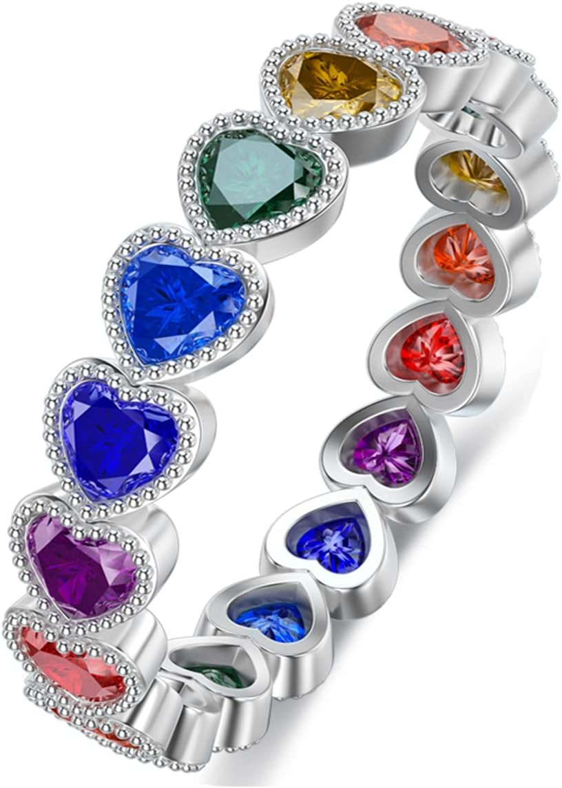 Chakra Ring 925 Sterling Silver Heart 7 Colorful Cubic Zirconia Chakra Rainbow Ring for Women Valentine's Day Presents