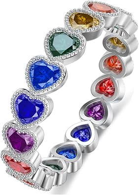 Chakra Ring 925 Sterling Silver Heart 7 Colorful Cubic Zirconia Chakra Rainbow Ring for Women Valentine's Day Presents