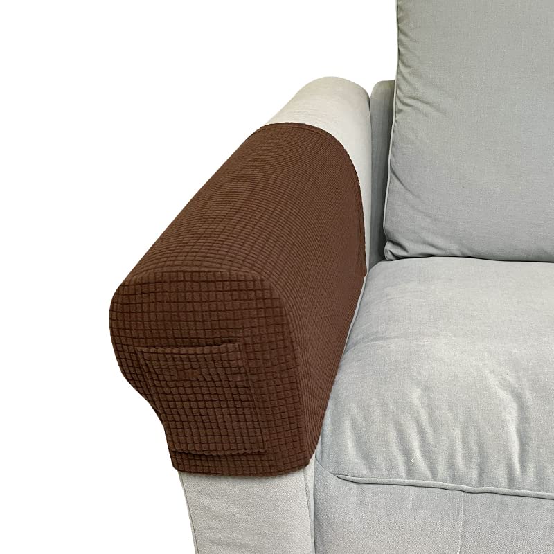 Set of 2 Sofa Armrest Cover Soft Stretch Arm Cover for Recliners Sofas Chairs Washable Arm Covers Couch Furniture Armrest Protector Covers with Pocket (Dark Coffee)