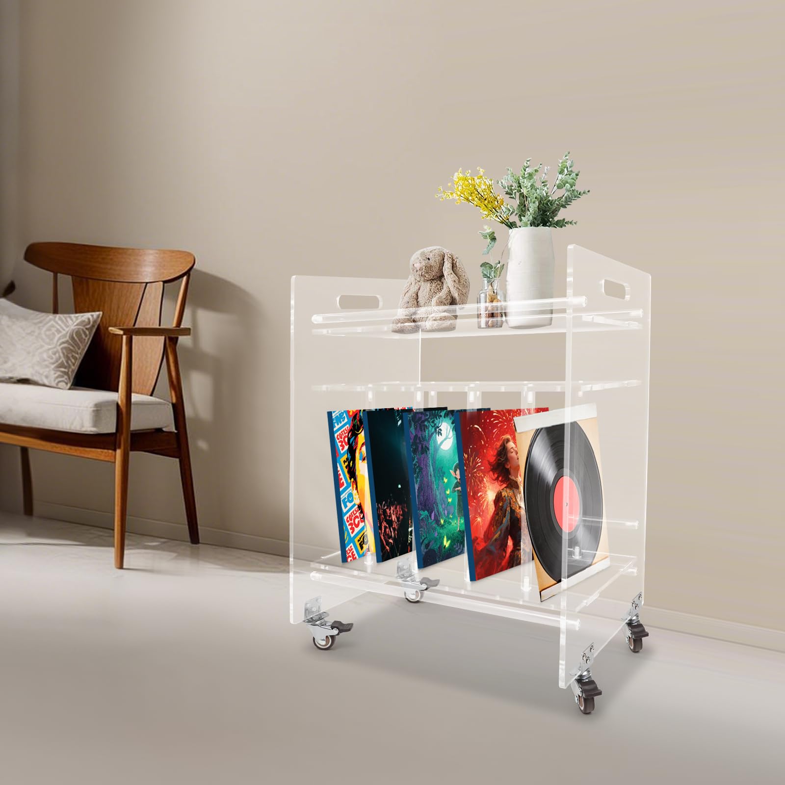 Mesa auxiliar de acrílico con ruedas, soporte para discos de vinilo y tocadiscos, soporte moderno para salón, 3 niveles, mesa de almacenamiento para CD, libros, transparente, 48 x 35 x 63 cm, 20 kg