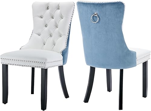 Miniatura 36 de Juego de 4 sillas de comedor de terciopelo, sillas de comedor tapizadas con ribete de cabeza de clavo, patas de madera, anillo de tracción, sillas