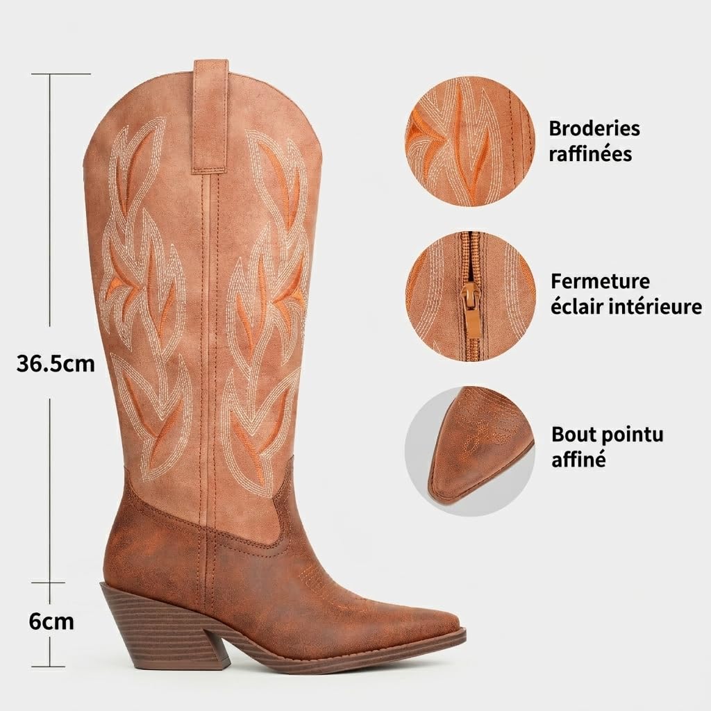 Hawkwell Bottes de Cowboy pour Femme Hautes – Santiags à Talon Bloc avec Broderies – Bottes Western en Simili Cuir avec Fermeture Éclair, Style Rétro Country