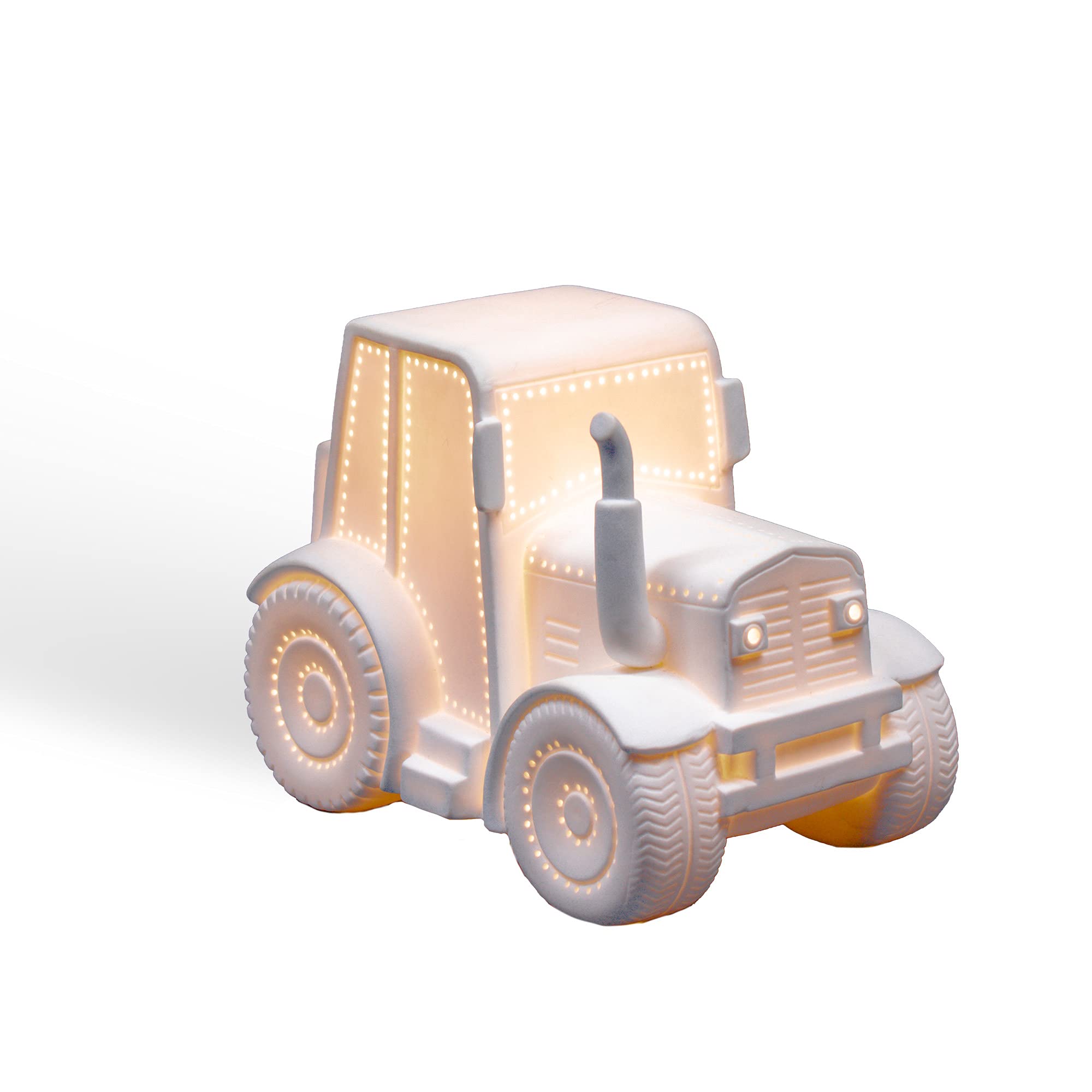 Light-Glow White Porcelain Tractor Bedside Lamp For Kids - Handmade With Perforations For A Cozy Glow, Safe And Durable Night Light For Children’s Nursery Or Bedroom