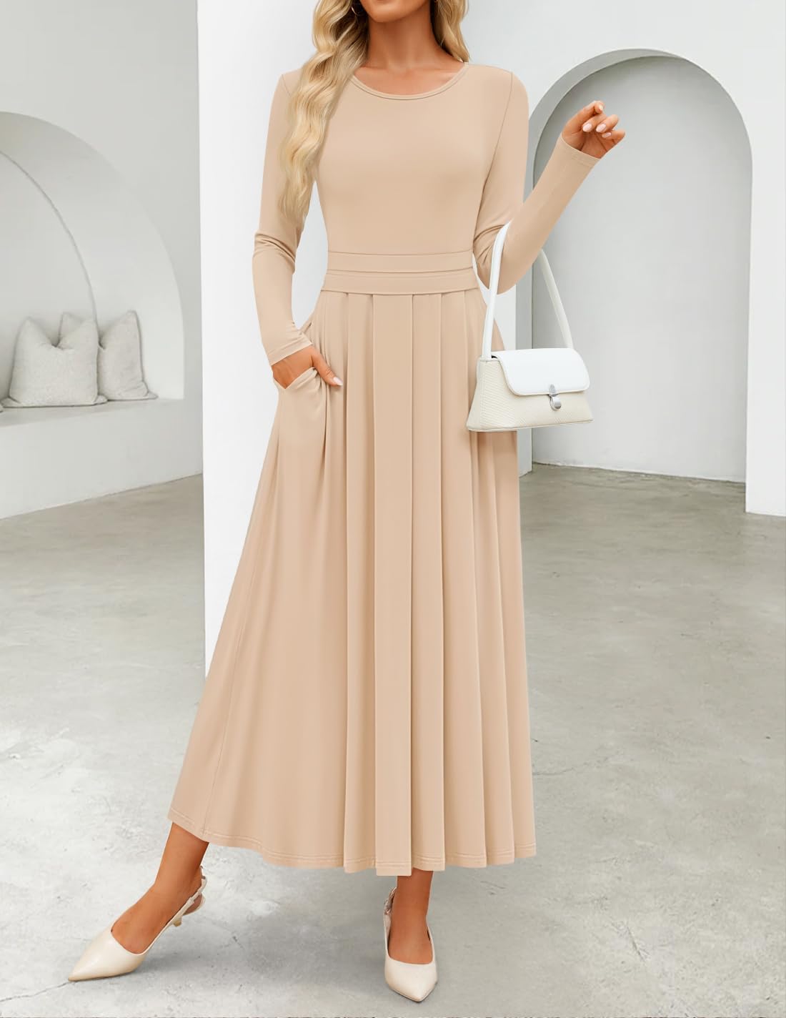 ZESICA Women's Elegant Long Sleeve Maxi Dress 2026 Spring Crewneck Knit High Waist Pleated Flowy A Line Casual Party Dresses - Image 3