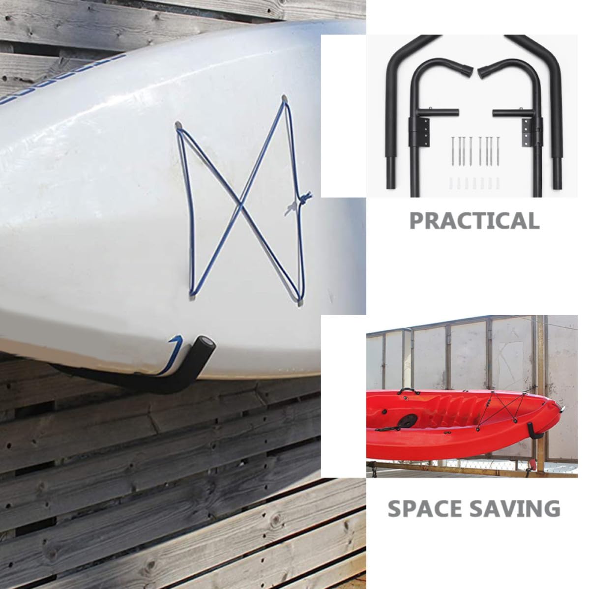 Ciieeo 2 Set Porta Kayak Pieghevole da Parete per Canoa, Nero, Ferro