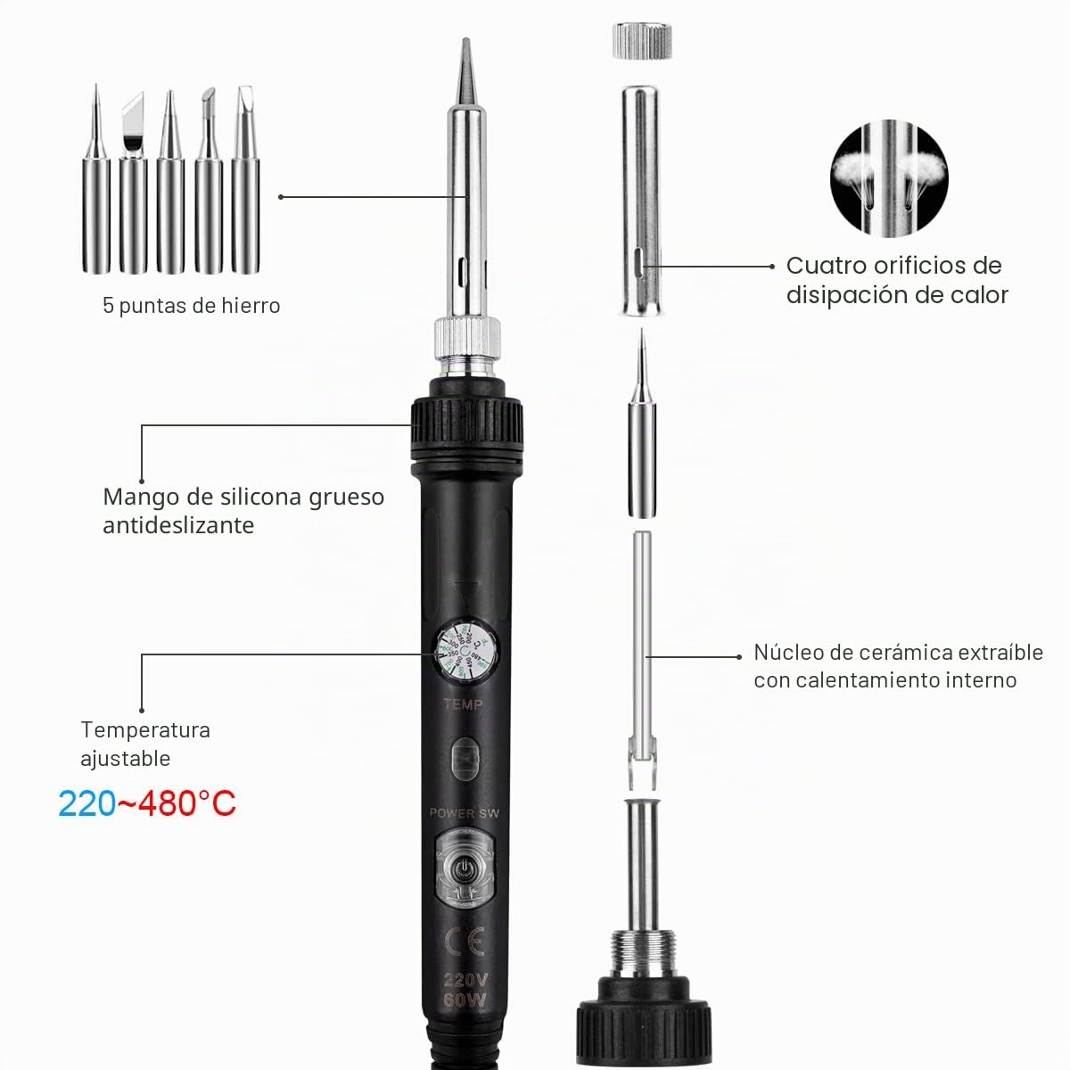 Juego de soldador ockered 18 en 1, estación de soldadura de 60 W, estación de soldadura con temperatura ajustable 220 – 480 °C, 5 puntas de soldadura, regulable e interruptor de encendido/apagado para