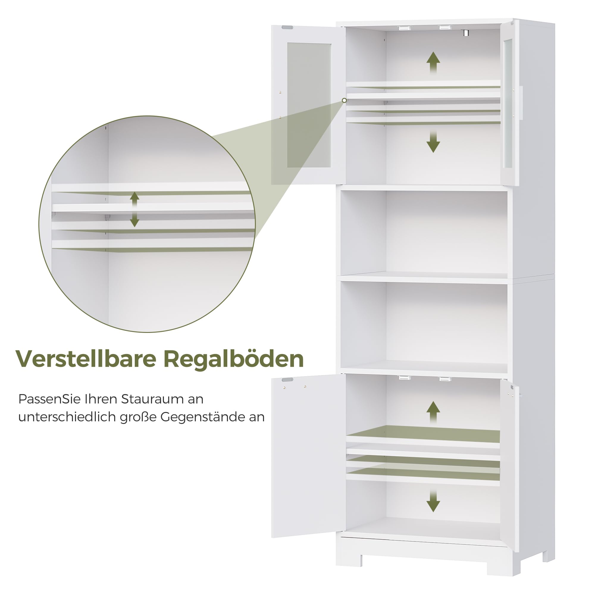 BEWISHOME Weiß Hoher Badezimmerschrank,Badschrank,Badezimmermöbel | mit Verstellbare Ablagen, Mehrzweckschrank mit Glastür und offenem Fach,für Badezimmer/Wohnzimmer, 40 * 60 * 180cm EYYG04W