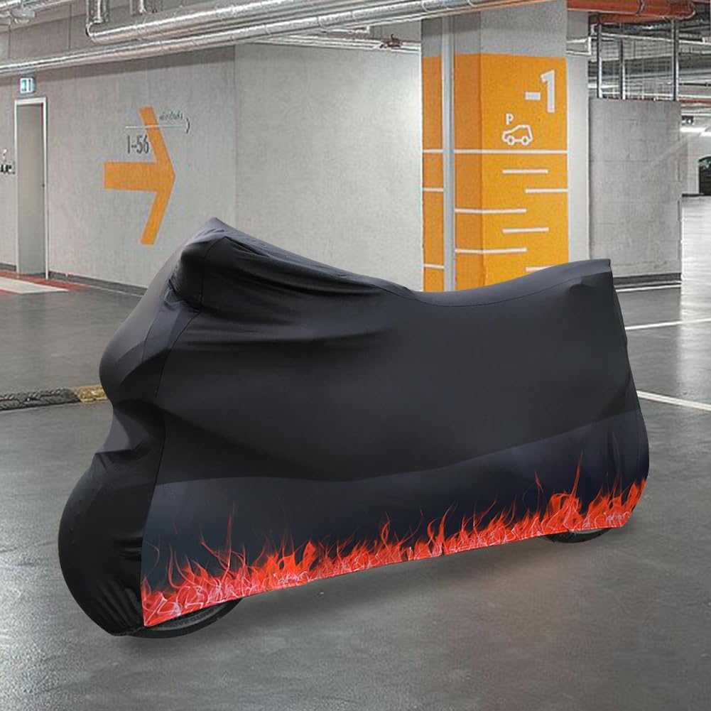 BHIEE Indoor Motorrad Abdeckplane Stretch Stoff Innen Motorradabdeckung Staubschutz-elastischer Motorradplane Motorrad Schutzhülle 295 x 109 x 140 cm, Orangefarbenes Flammenmuster