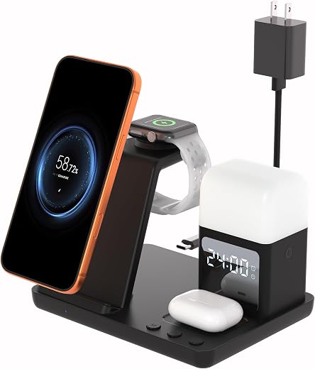 Wireless Charger for i Phone, 6 in 1 Fast Phone Charger Stand Dock Alarm Clock Night Light, Wireless Charging Wireless Charger for iPhone, 6in1 Fast Phone Charger Stand Dock Alarm Clock Night Light, Wireless Charging Station for Apple Watch, for Airpods 3/2/Pro, for iPhone 17/1615/14/13/12/11/Pro/Max (Black)