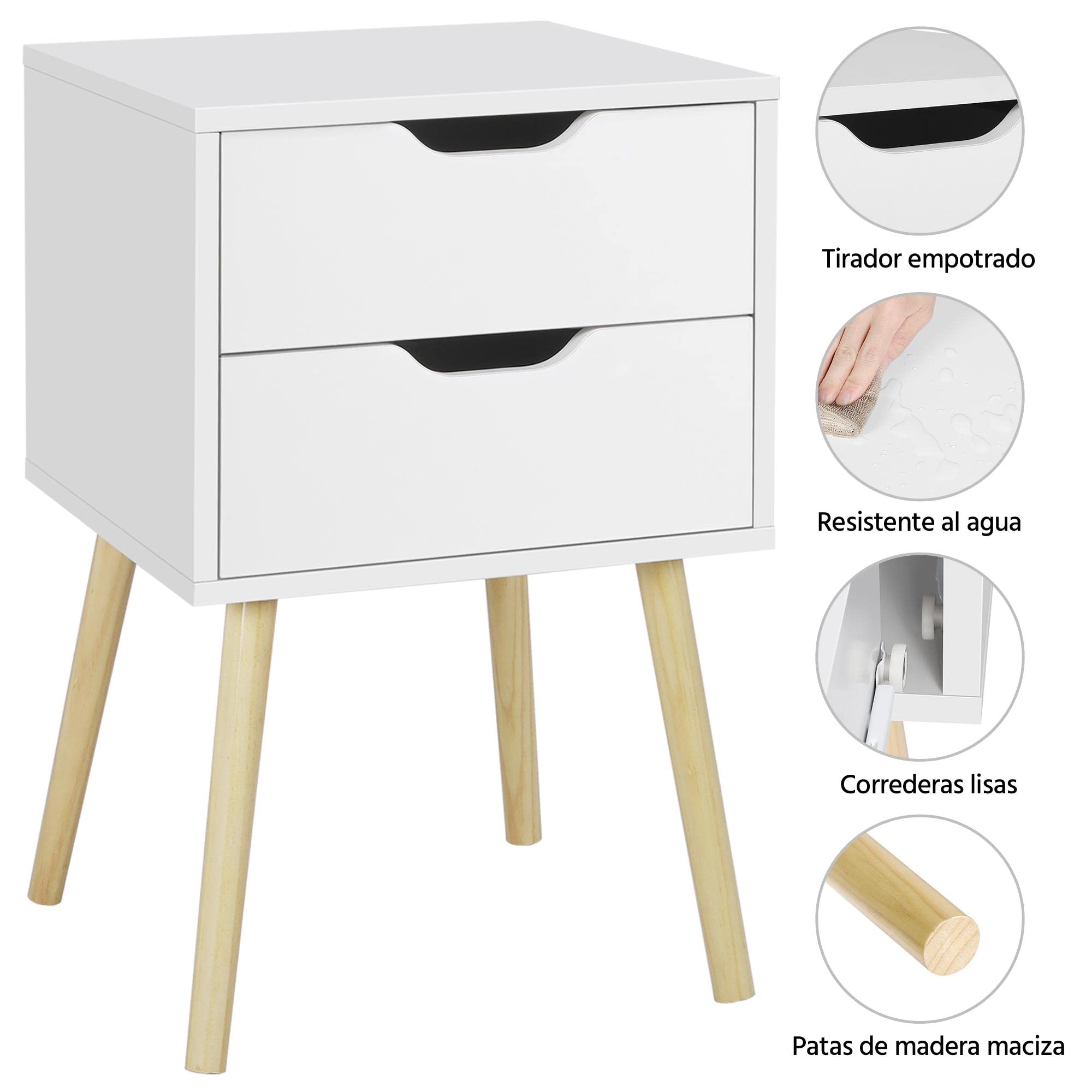 Yaheetech 2pcs Mesillas de Noche con Dos Cajones | Mesita de Noche Modernopara Dormitorio Mesa Auxiliar de Madera para Sala de Estar 40x40x61cm Blanca