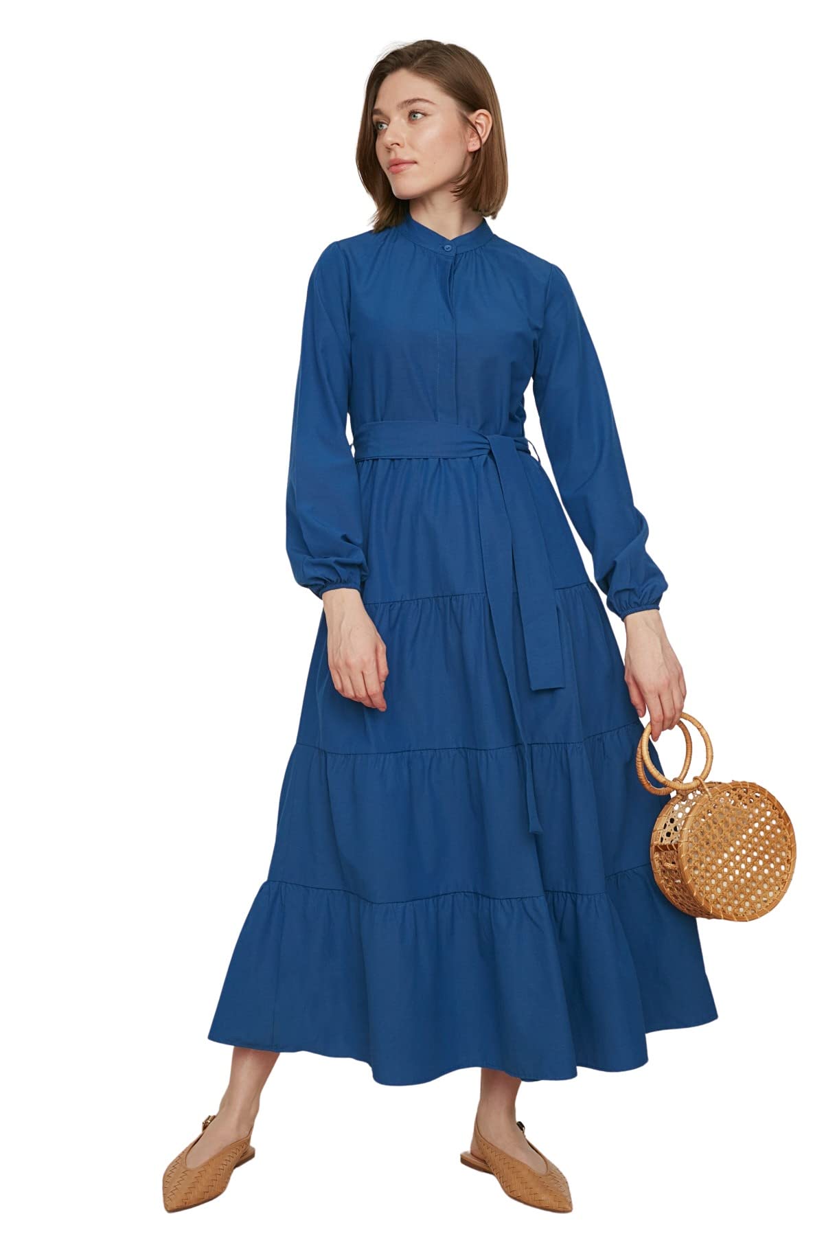 Trendyol Damen Blau Women's Design Maxi A-Line Crew Neck Woven Dress, Berliner 44 Eu