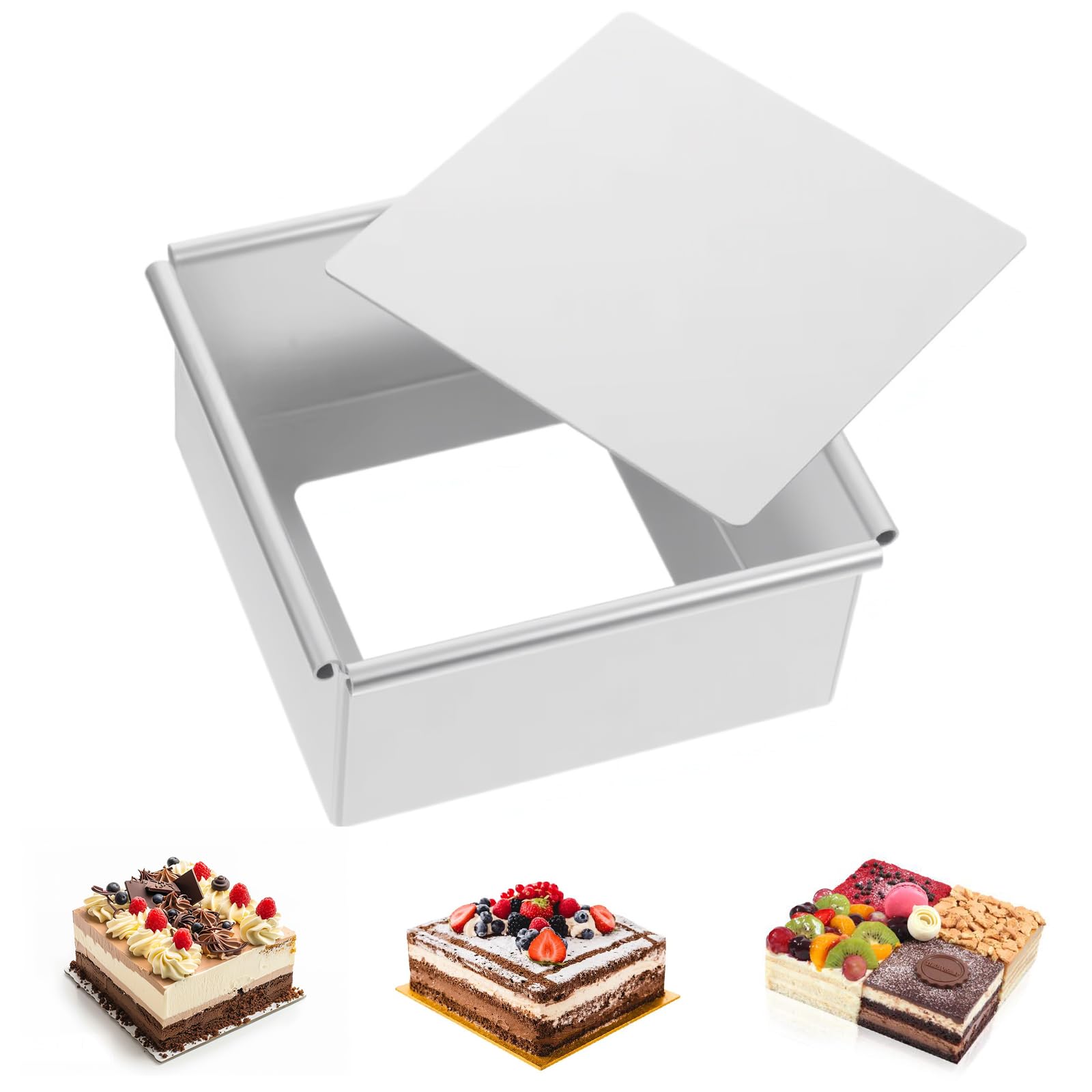Molde cuadrado con fondo desmontable y revestimiento antiadherente, molde para tartas cuadrado de 8" plateado para tartas, brownies, lasaña (20,4 x 20,4 x 7,8 cm)