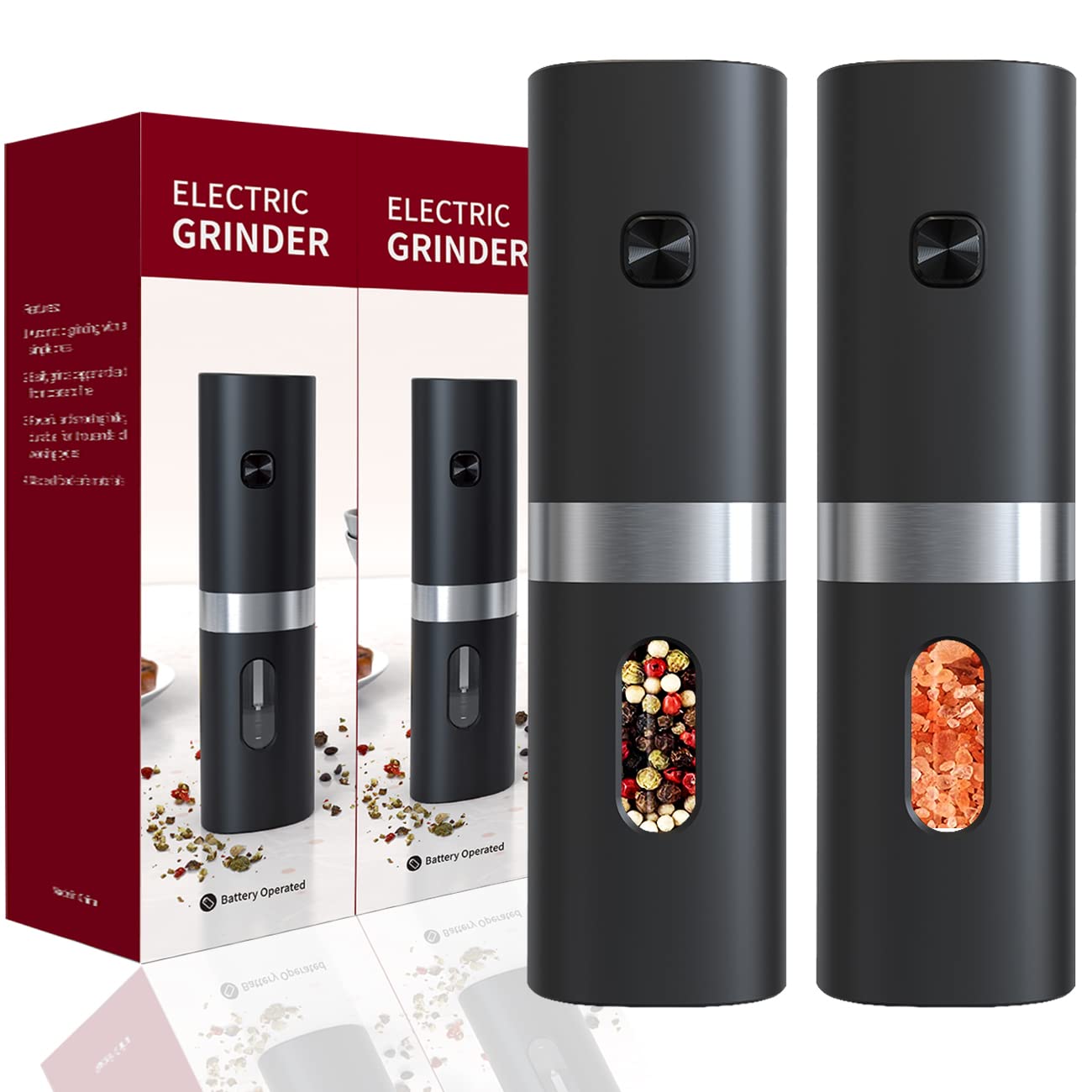 Electric Pepper and Salt Grinder Set, Adjustable Coarseness, Battery Powered with LED Light, One Hand Automatic Operation, (2 Pack Black)