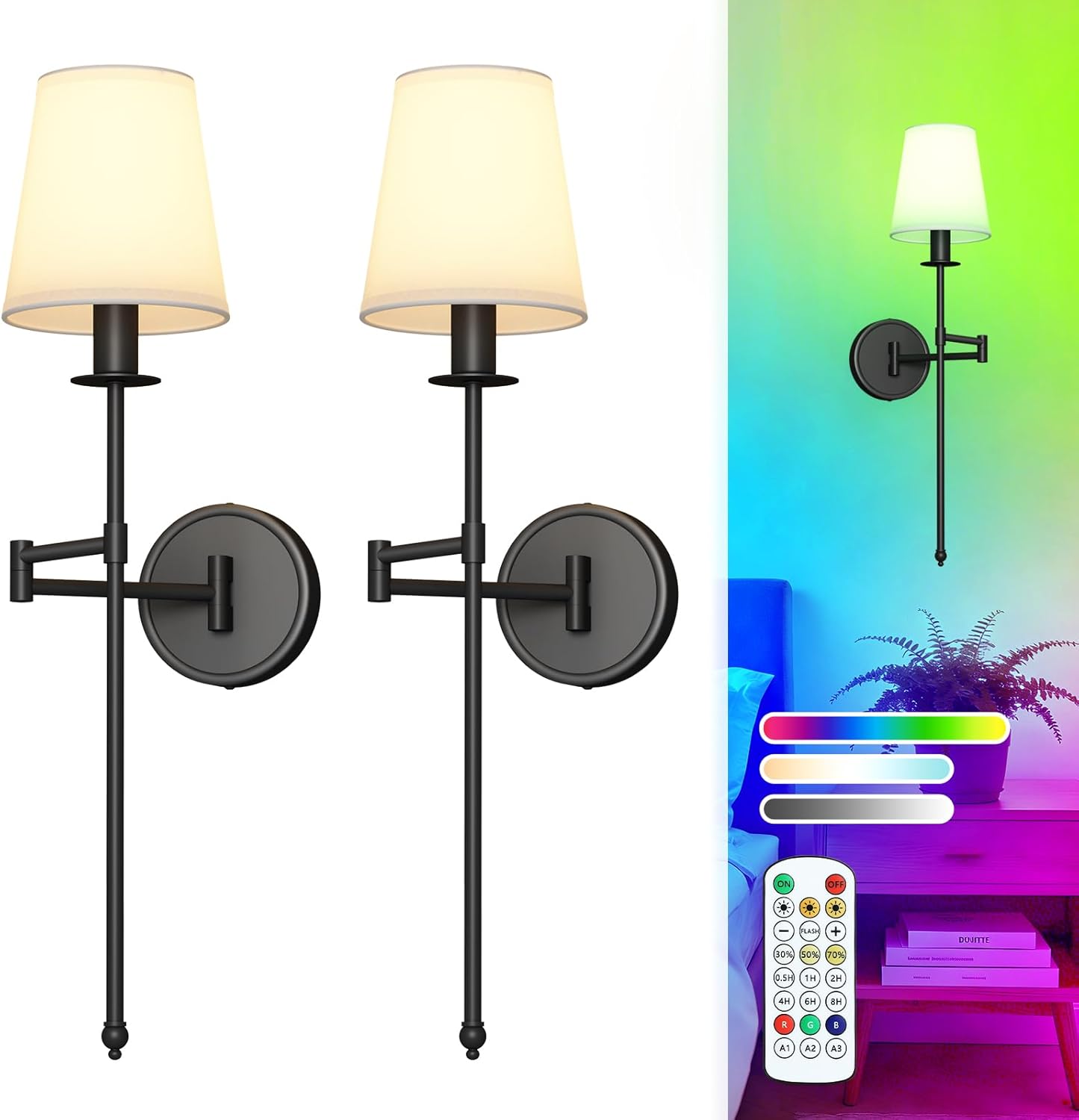 Battery Operated Wall Sconces Set of 2, 24.8" Wireless LED Wall Light with Remote, 9000mAh Rechargeable, RGB & 9CCT Stepless Dimmable, Modern Black Cordless Wall Lamp for Bedroom Living Room