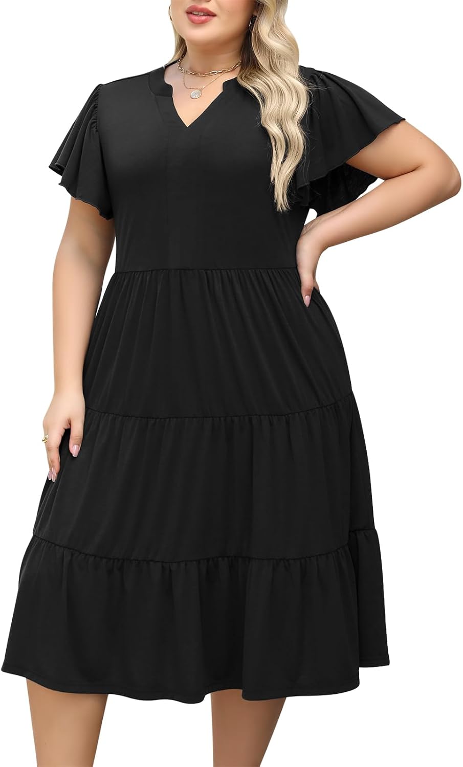 Nemidor Womens Plus Size Summer Midi Dress Tiered Casual Loose Swing Dresses with Ruffle Sleeve and Pocket 16-26