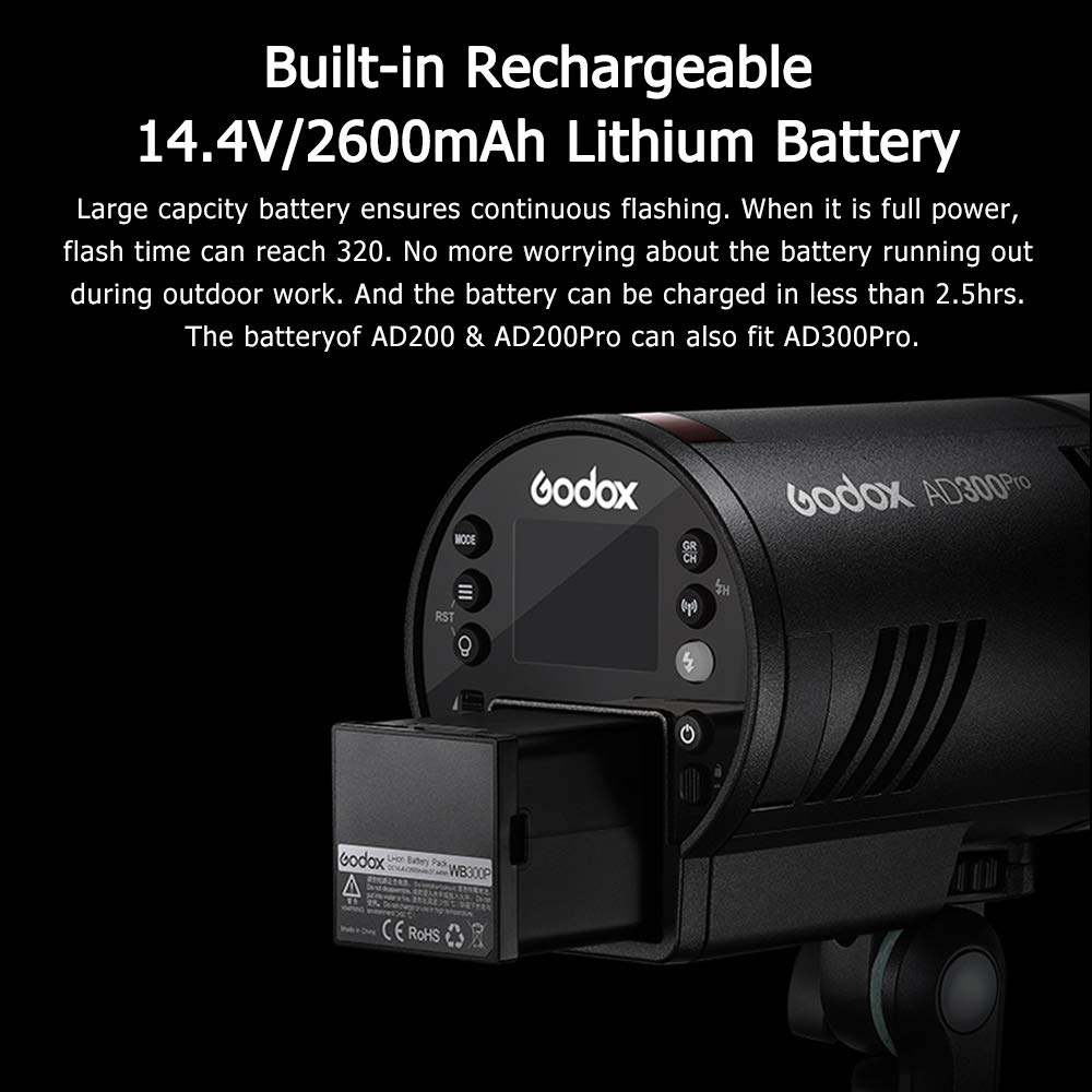 Godox AD300Pro Luz estroboscópica portátil para Exteriores 2.4G Inalámbrica 300Ws 5600K TTL 1 / 8000s Sincronización rápida 0.01~1.5s Compatible con CanonNikon Sony FUJIFILM Panasonic Pentax Olympus