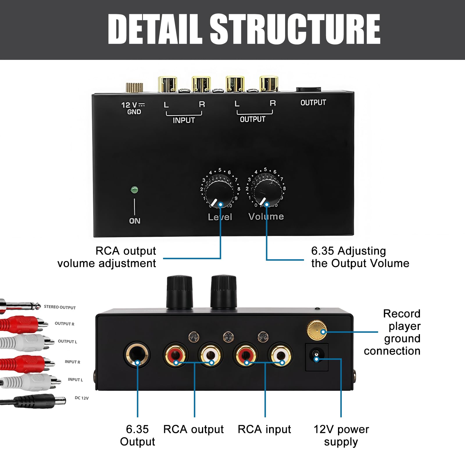 Phono preamplificatore giradischi MM con ingressi e uscite RCA, amplificatore stereo DC 12V