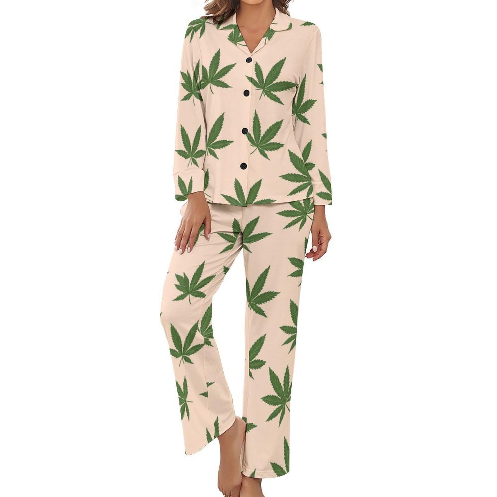 Conjunto de pijama elegante para mujer con estampado de malezas, manga larga, botones y pantalones, ropa de descanso