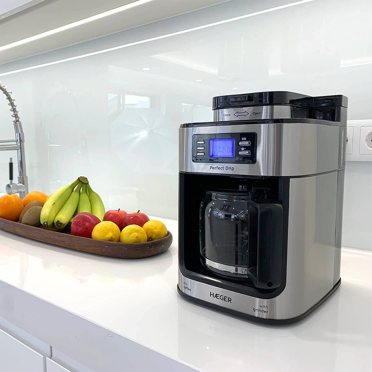 HAEGER Drip - Cafetera de Goteo automática con Molinillo, 1050W, Capacidad: 1,2L - Plato calentado para Mantener Caliente, Capacidad de Molino: 60g, Pantalla LCD, Temporizador de 24 Horas