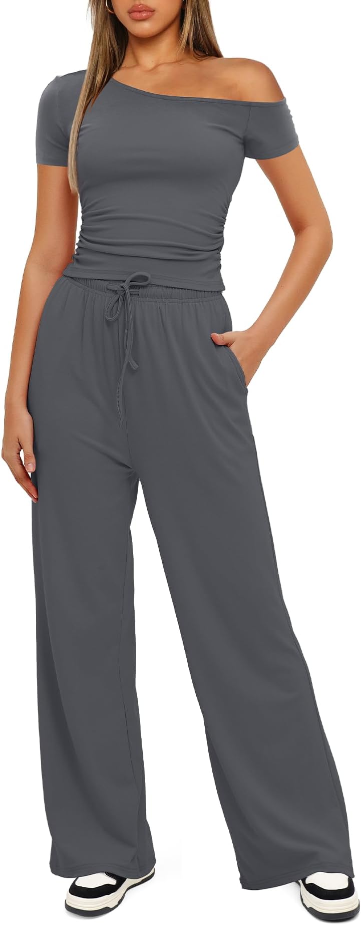 Darong Women's 2 Piece Outfits Lounge Sets Off Shoulder Short Sleeve Tops and High Waisted Wide Leg Pants Tracksuit Sets