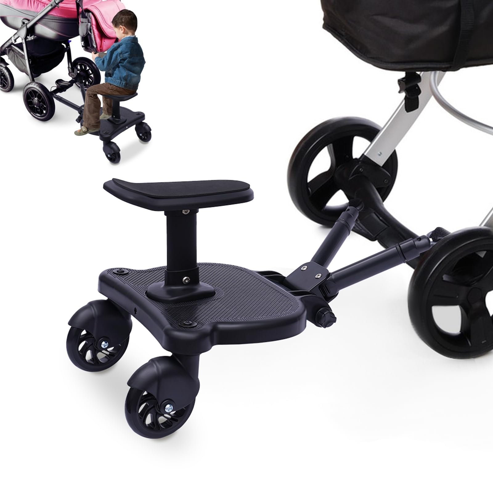 Universal Buggy Board with Seat | Black | Adjustable | Fits Most Strollers | for Kids 3-7 yrs | 55 lbs Capacity | Stand or sit | Ideal for Siblings | 3-7 Buggy Board