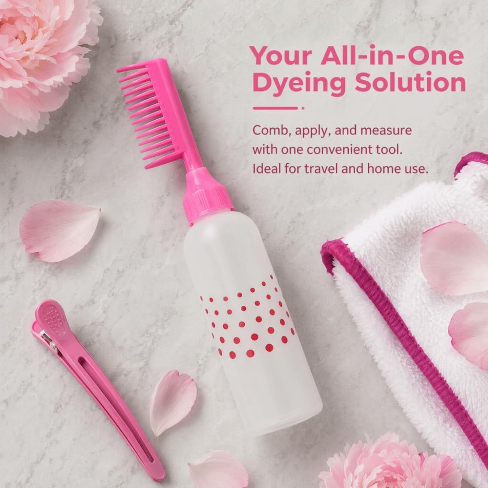 5pcs Hair D5 Pcs Hair Dye Comb Applicator Bottles, 160ml PE Root Touch Up Color Dispensing Bottles with Graduated Scale, Rose Red