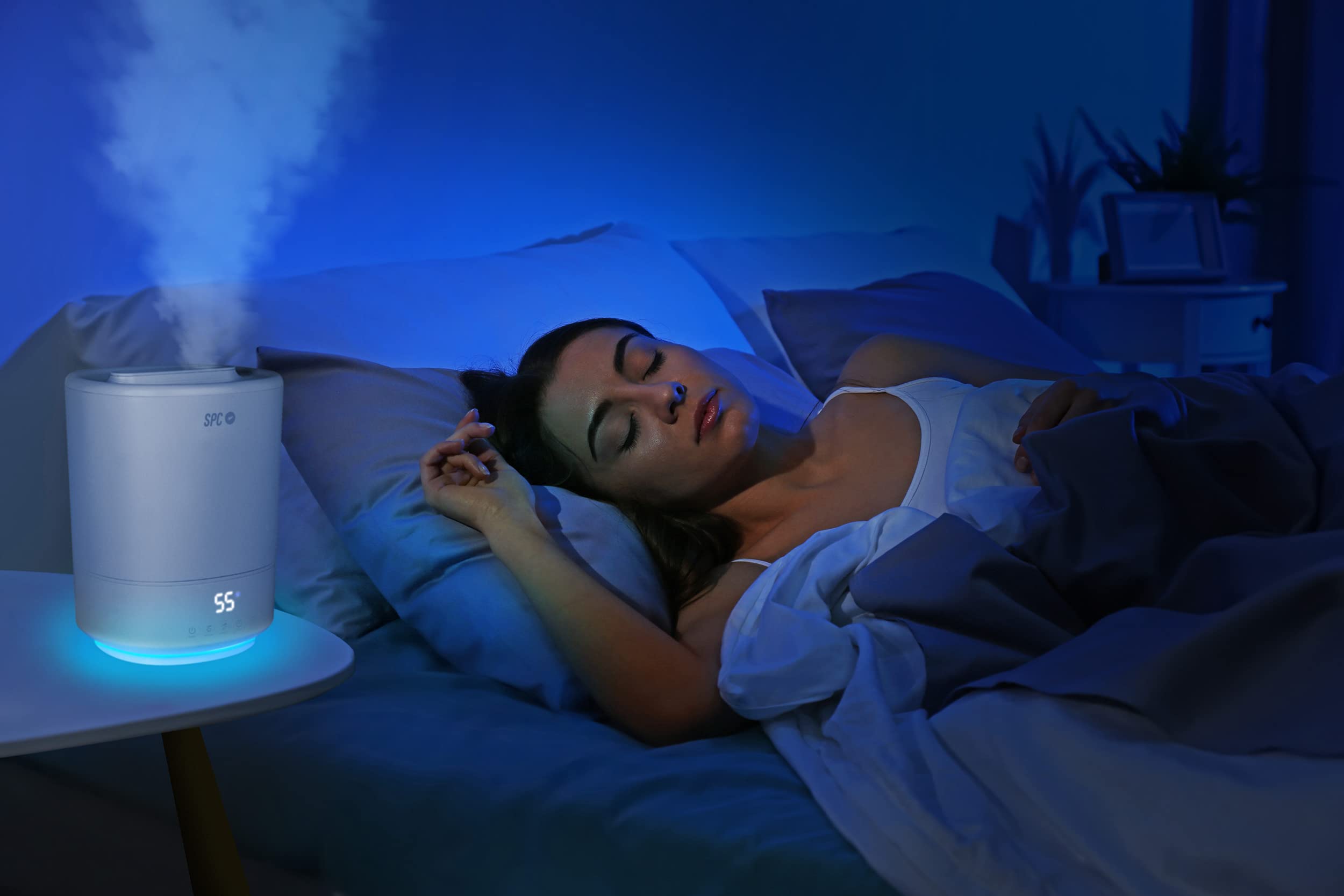 SPC Evadne – Humidificador WiFi inteligente ultrasónico, gran capacidad 4,5L, luz UV-C, carga de agua superior, modos automático, manual y noche, difusor de aromas, luz de noche, temporizador, sin BPA