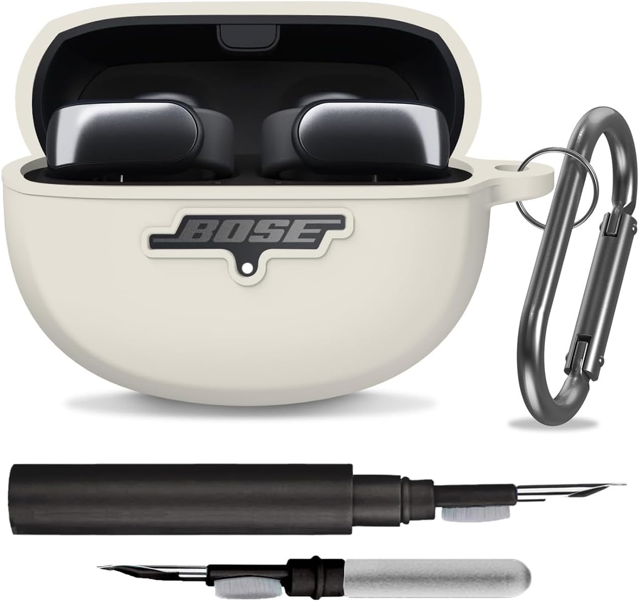 Silicone Case Cover for New Bose Ultra Open Earbuds, Shockproof Protective Skin Case with 3-in-1 Cleaner Kit & Carabiner (Beige, LED & Logo Visible)