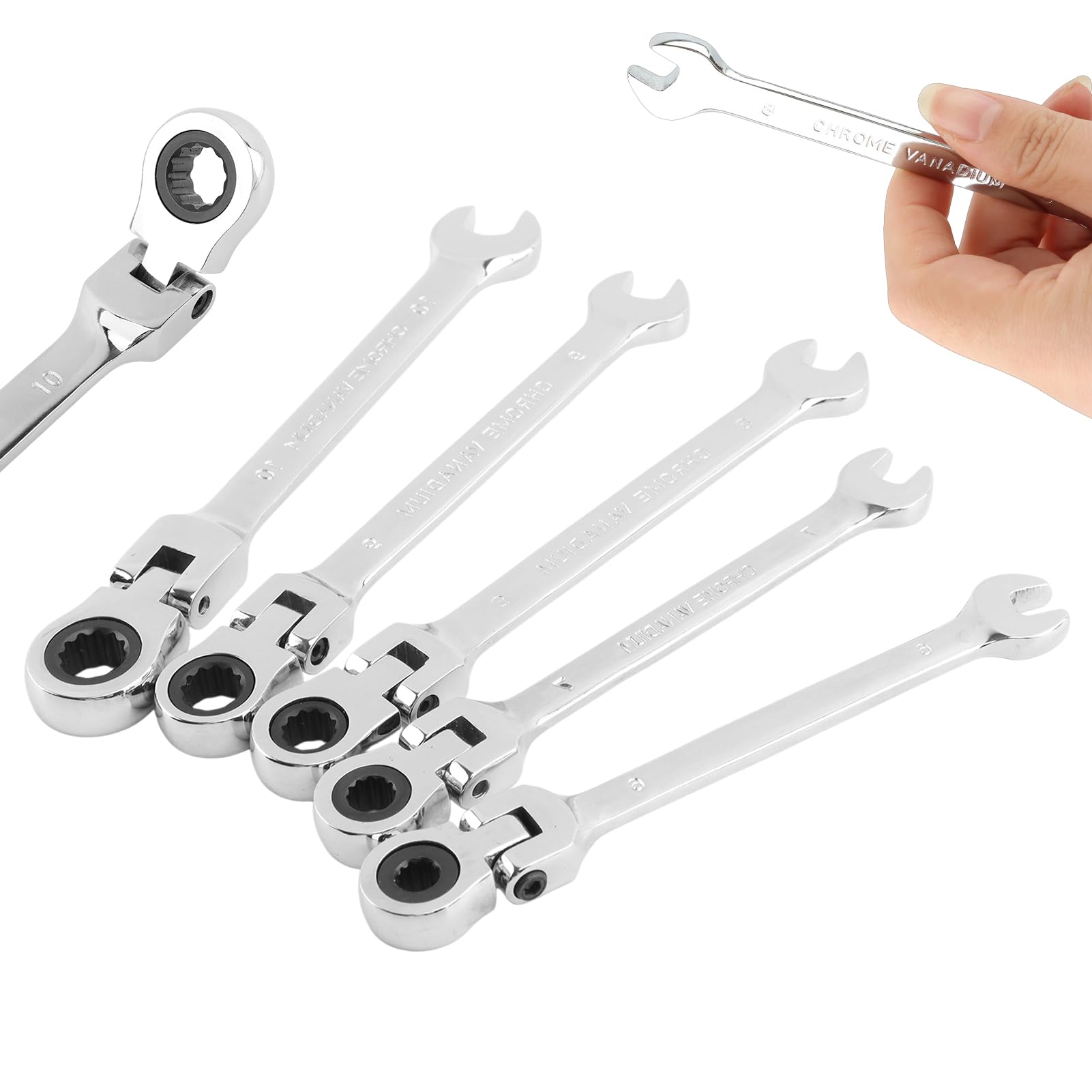 Set di 5 chiavi a cricchetto con testa flessibile, metriche da 6-10 mm, kit di chiavi combinate a cricchetto con testa a 180°, 72 denti, estremità scatola e chiave a estremità aperta per