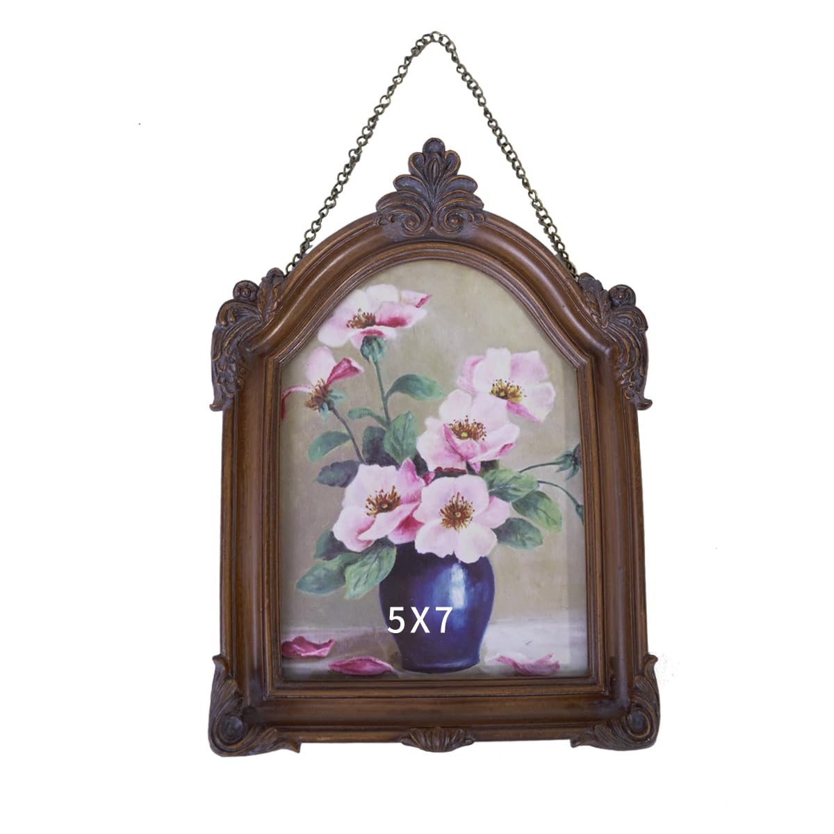 Vintage Ornate Arched Shape Picture Frame with Intricate Floral Carving,A Timeless Decor Piece Blending Antique Style and Elegant Design,Wall Mount and Tabletop Display (Dark Brown, 5x7)